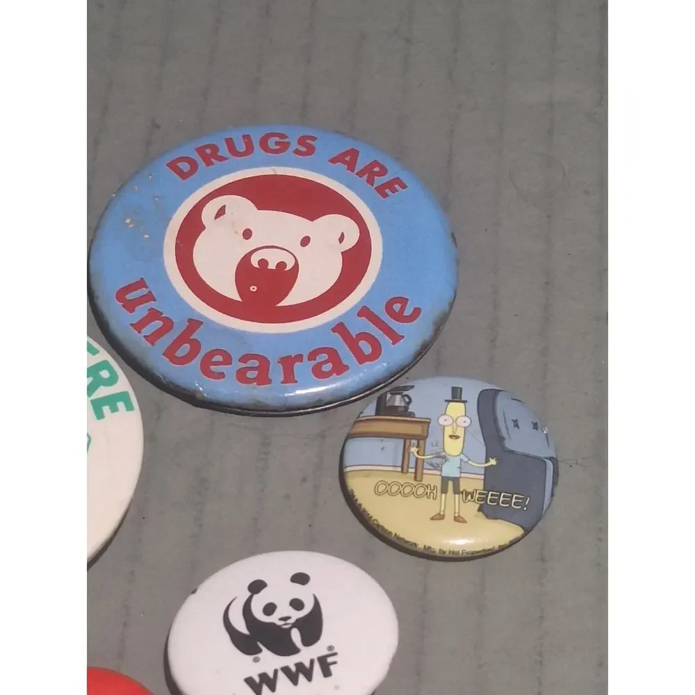 Vintage/ Modern Pinback Button Lot Drugs Are Unbearable Irish Pub WWF Baker MORE
